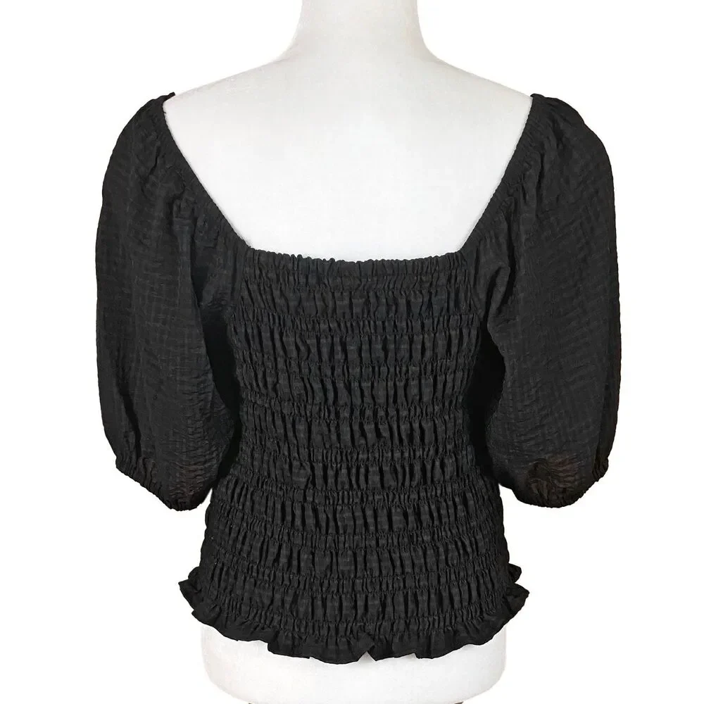Old Navy Fitted Puff-Sleeve Smocked Top Size Large Black Square Neck Half Sleeve